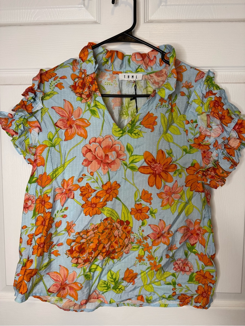 THML Light Blue Blouse with Orange Floral Print